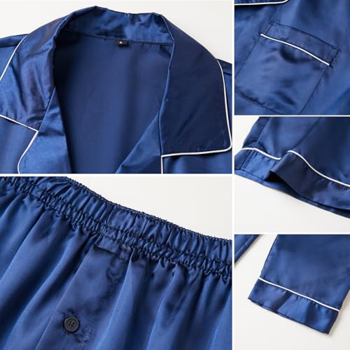 Mens Satin Pajamas Set Long Sleeve Button Down Silky Pjs Sets 2 Pieces Sleepwear with Pockets