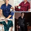 Mens Satin Silk Pajamas Set 3pcs Short Sleeve Sleepwear Silky Button Down Pjs Sets Classic Loungewear Nightwear