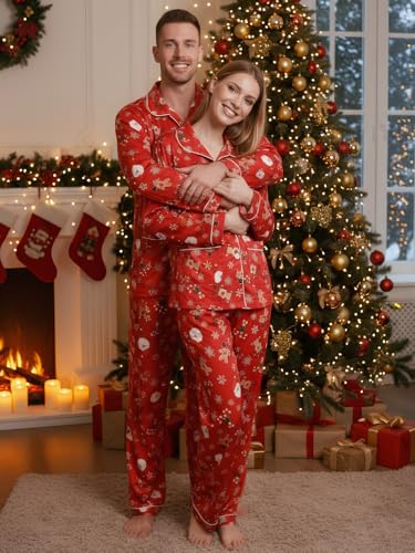 Christmas Matching Pajamas for Couples Long Sleeve Sleepwear Women Mens Button Down Loungewear Pjs Set for Party