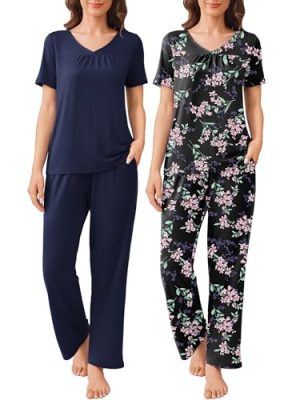 Pajama Sets for Women 2 Pack, Short Sleeve with Long Pant Pjs Sleepwear Comfy Lounge Sets with Pockets