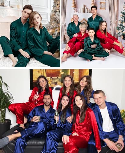 Couples Matching Pajamas Silk Satin Long Sleeve Button Down Sleepwear 2 Pcs Loungewear Mens & Womens Family PJs Set