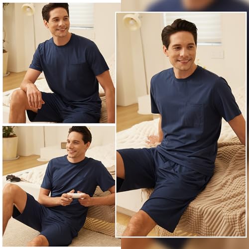 Mens Pajama Set Summer Pjs Sleepwear Short Sleeve Shirts Soft Lightweight Sleep Sets with Pockets S-2XL
