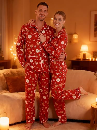 Christmas Matching Pajamas for Couples Long Sleeve Sleepwear Women Mens Button Down Loungewear Pjs Set for Party