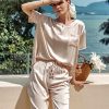 Womens Satin Silky Pajama Set Short Sleeve Shirt with Long Pajama Pant Set Soft PJ Loungewear