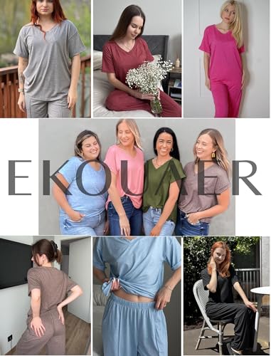 Pajamas for Women Set 2 Piece Short Sleeve Tops with Long Pants V Neck Soft Pjs Casual Lounge Set with Pockets