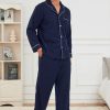 Mens Button Down Pajamas Set Soft Classic Lapel Sleepwear Long Sleeve Flannel Top & Pants Set