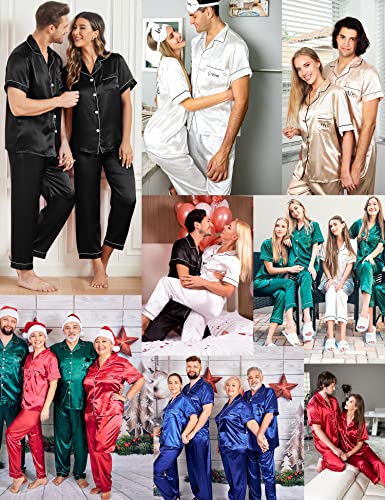 Couples Pajamas Sets Women & Men Satin Short Sleeve Sleepwear Button Down Loungewear Pjs Set with Long Pants