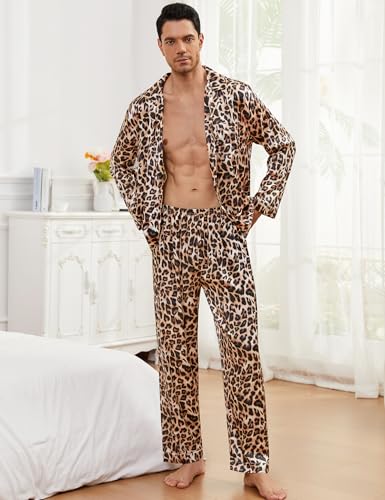 Men Pajamas Matching Pajamas Set Silk Satin Pj Long Sleeve Button Down Sleepwear 2 Pcs Loungewear