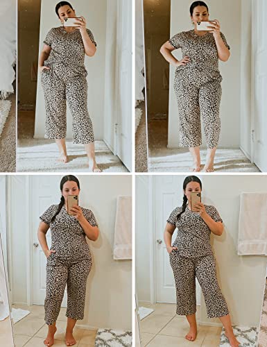 2 Pack Women's Pajama Sets Short Sleeve Two-Piece Pjs V Neck Tops & Capri Pants Printed Lounge Sets S-3XL