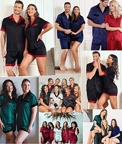 Couples Pajama Set Women & Men Silk Satin Short Sleeve Set Top and Shorts Sleepwear Soft Button-Down Loungewear