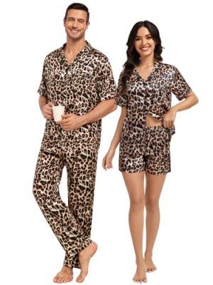 Matching Pajamas for Couples Satin Short Sleeve Sleepwear Women/Men Silk Soft Button Down Nightwear 2 Pcs Loungewear