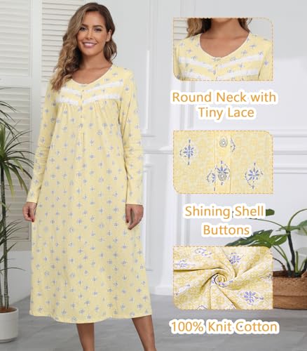 Long Cotton Nightgowns for Women 100% Cotton Night Gown Long Sleeve Ladies Nightgowns Sleepwear Vintage Sleep Dress