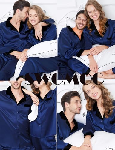 Couples Satin Pajama Set Women & Men Long Sleeve Sleepwear Button Down Loungewear Silky Pj Set with Long Pants