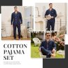 Mens Cotton Pajama Set, Soft Long Sleeve Pajamas for men Lightweight Button Up Sleepwear Lounge Pjs Set with Pockets