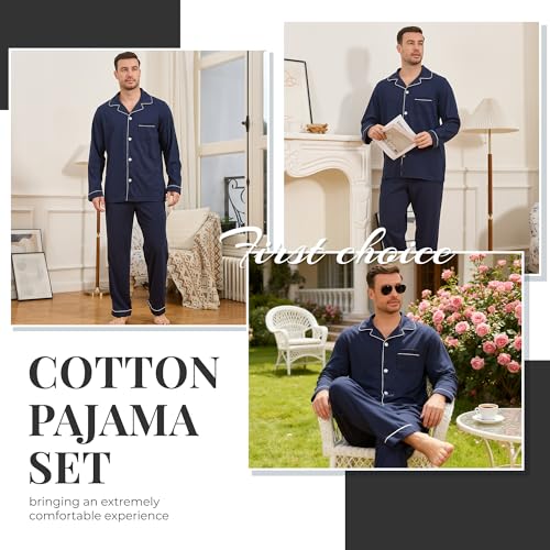 Mens Cotton Pajama Set, Soft Long Sleeve Pajamas for men Lightweight Button Up Sleepwear Lounge Pjs Set with Pockets