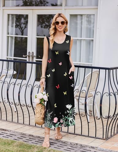 Nightgowns for Women Sleeveless Sleepshirt Long Print House Dress Tank Nightshirt Maxi Casual Dress with Pockets