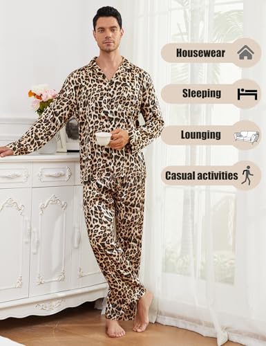Men Pajamas Matching Pajamas Set Silk Satin Pj Long Sleeve Button Down Sleepwear 2 Pcs Loungewear