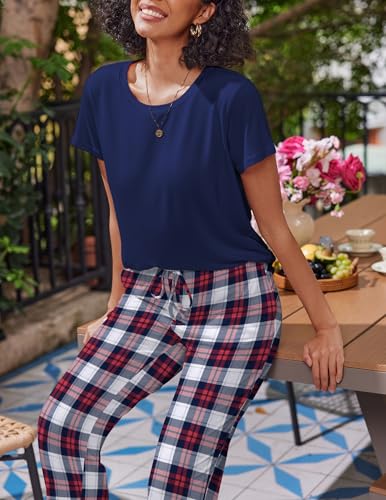 2 Pack Pajamas for Women Set Short Sleeve Sleepwear Top and Pants Pjs Soft Printed Lounge Sets with Pockets
