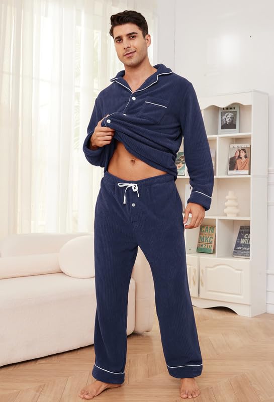 Mens Fleece Pajama Set, Soft Warm Long Sleeve Sleepwear with Pockets Cozy Button-Down Pjs for Men