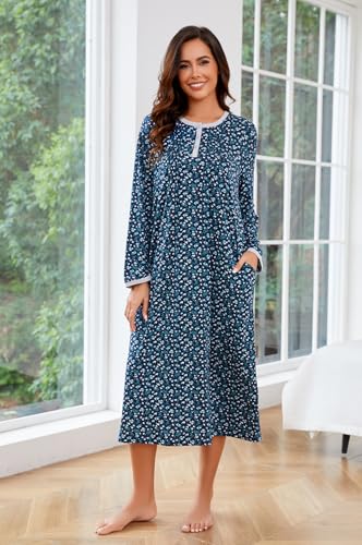 Cotton Nightgowns for Women Soft Long Sleeve Night Gown with Pockets