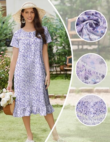 Cotton Nightgowns for Women Soft Long Button Night Gowns Comfy House Dress with Pockets Short Sleeve Sleepwear S-3XL
