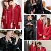 Couples Matching Pajamas Sets Women & Men Silk Satin Long Sleeve Button Down Sleepwear 2 Pcs Classic Loungewear