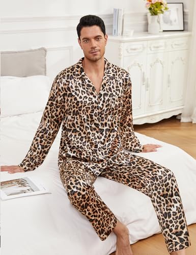 Men Pajamas Matching Pajamas Set Silk Satin Pj Long Sleeve Button Down Sleepwear 2 Pcs Loungewear