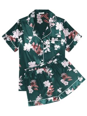 Womens Silk Satin Pajama Sets Soft Short Sleeve Button Down Sleepwear Top and Shorts 2 Piece Pjs Lounge Set S-XXL