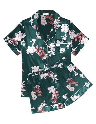 Womens Silk Satin Pajama Sets Soft Short Sleeve Button Down Sleepwear Top and Shorts 2 Piece Pjs Lounge Set S-XXL