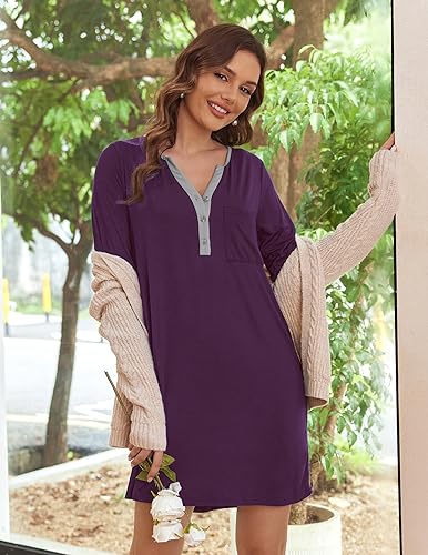 Women's Nightshirt Long Sleeve Button Down Nightgown V-Neck Sleepwear Casual Pajama Dress