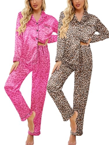 2 Pack Satin Pajamas Set for Women Classic Button Down Silk Pjs Set Soft Sleepwear