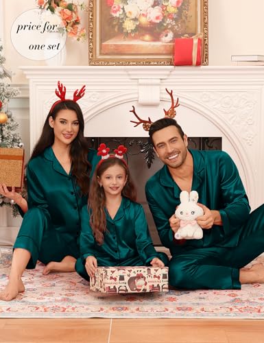 Matching Family Pajamas Set Women & Men & Kids Silk Satin Pjs 2 Pcs Long Sleeve Button Down Sleepwear with 2 Pockets