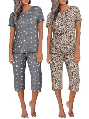 2 Pack Women's Pajama Sets Short Sleeve Two-Piece Pjs V Neck Tops & Capri Pants Printed Lounge Sets S-3XL