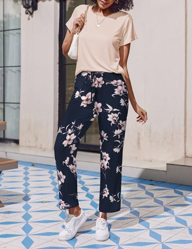2 Pack Pajamas for Women Set Short Sleeve Sleepwear Top and Pants Pjs Soft Printed Lounge Sets with Pockets