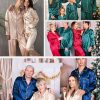 Couples Matching Pajamas Sets Women & Men Silk Satin Long Sleeve Button Down Sleepwear 2 Pcs Classic Loungewear Women Deep Green