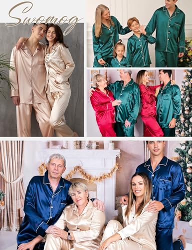 Couples Matching Pajamas Sets Women & Men Silk Satin Long Sleeve Button Down Sleepwear 2 Pcs Classic Loungewear Women Deep Green