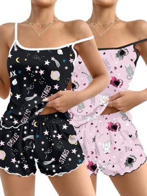 2 Pack Womens Cami Pajama Sets Cute Print Tank Top Pjs and Shorts Camisole Lounge Set