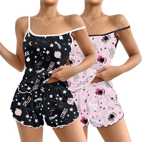 2 Pack Womens Cami Pajama Sets Cute Print Tank Top Pjs and Shorts Camisole Lounge Set