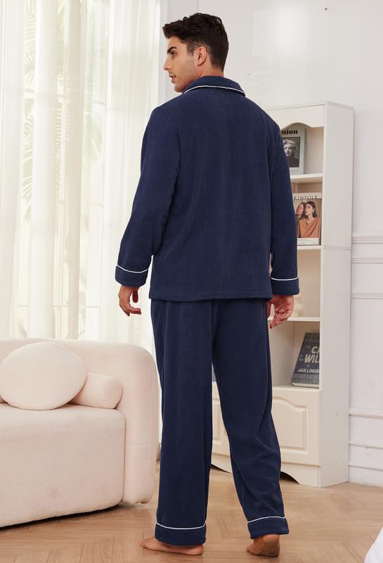 Mens Fleece Pajama Set, Soft Warm Long Sleeve Sleepwear with Pockets Cozy Button-Down Pjs for Men