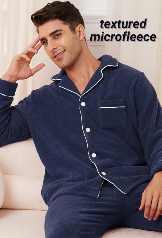 Mens Fleece Pajama Set, Soft Warm Long Sleeve Sleepwear with Pockets Cozy Button-Down Pjs for Men