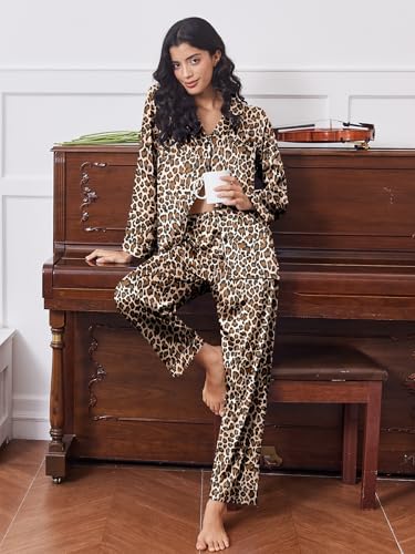 2 Pack Satin Pajamas Set for Women Classic Button Down Silk Pjs Set Soft Sleepwear