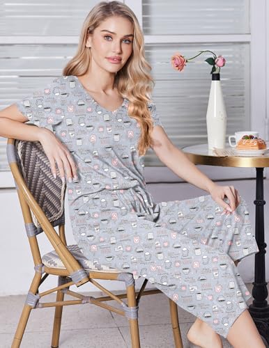 Womens Pajama Sets Soft Cotton Pj Short Sleeve Top with Capri Pants Sleepwear 2 Piece Print Loungewear,S-XXL