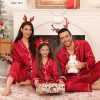 Matching Family Pajamas Set Women & Men & Kids Silk Satin Pjs 2 Pcs Long Sleeve Button Down Sleepwear with 2 Pockets(Men, A-Red,
