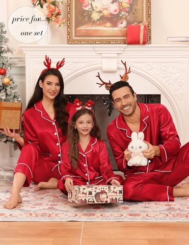 Matching Family Pajamas Set Women & Men & Kids Silk Satin Pjs 2 Pcs Long Sleeve Button Down Sleepwear with 2 Pockets(Men, A-Red,