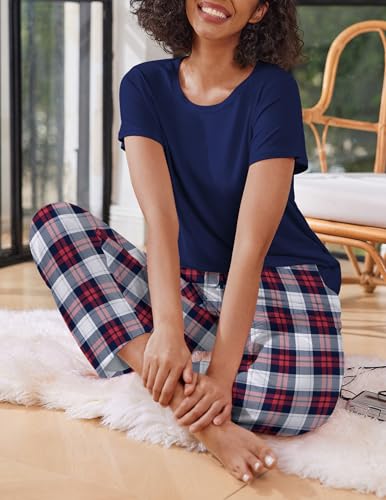2 Pack Pajamas for Women Set Short Sleeve Sleepwear Top and Pants Pjs Soft Printed Lounge Sets with Pockets