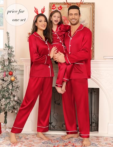Matching Family Pajamas Set Women & Men & Kids Silk Satin Pjs 2 Pcs Long Sleeve Button Down Sleepwear with 2 Pockets(Men, A-Red,
