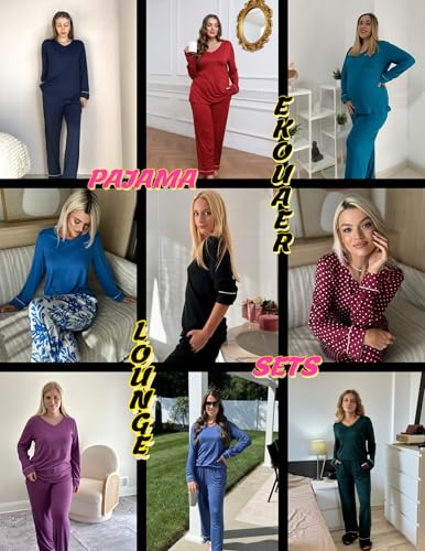 Womens Pajama Sets 2 piece Lounge Sets for Women V-neck Long Sleeve Top and Elastic Waist Pants with Pockets