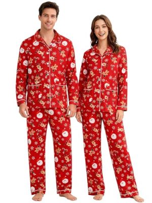 Christmas Matching Pajamas for Couples Long Sleeve Sleepwear Women Mens Button Down Loungewear Pjs Set for Party