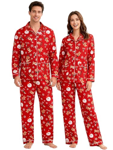 Christmas Matching Pajamas for Couples Long Sleeve Sleepwear Women Mens Button Down Loungewear Pjs Set for Party