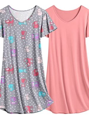 2 Pack Women's Nightgown Short Sleeve Nightshirts Comfy Soft Pajama Sleep Dress